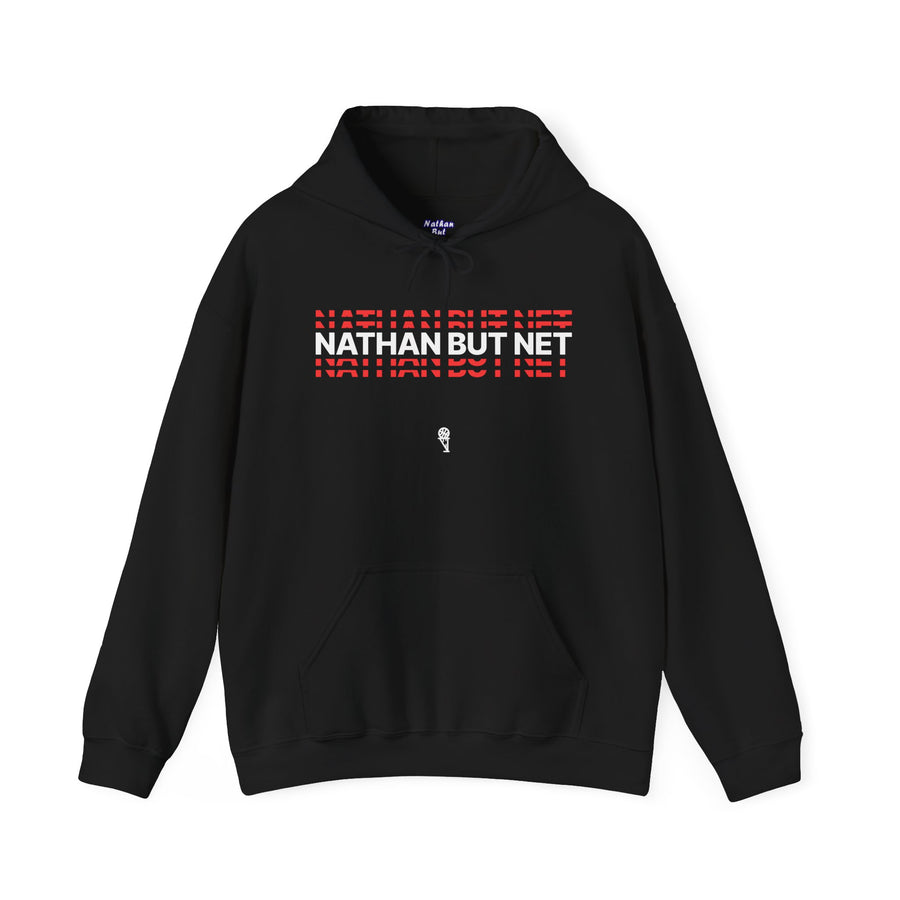 A black hooded sweatshirt with the text 'NATHAN BUT NET' written in a stylized font on the front. The hoodie has a drawstring hood and a front pouch pocket.